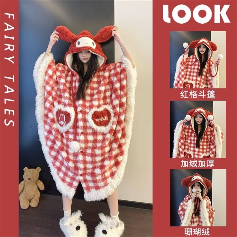 Melody Cape Hello Kitty Coral Fleece Bathrobe Thick Winter Cape Pajama Homewear Wear-Out Cape