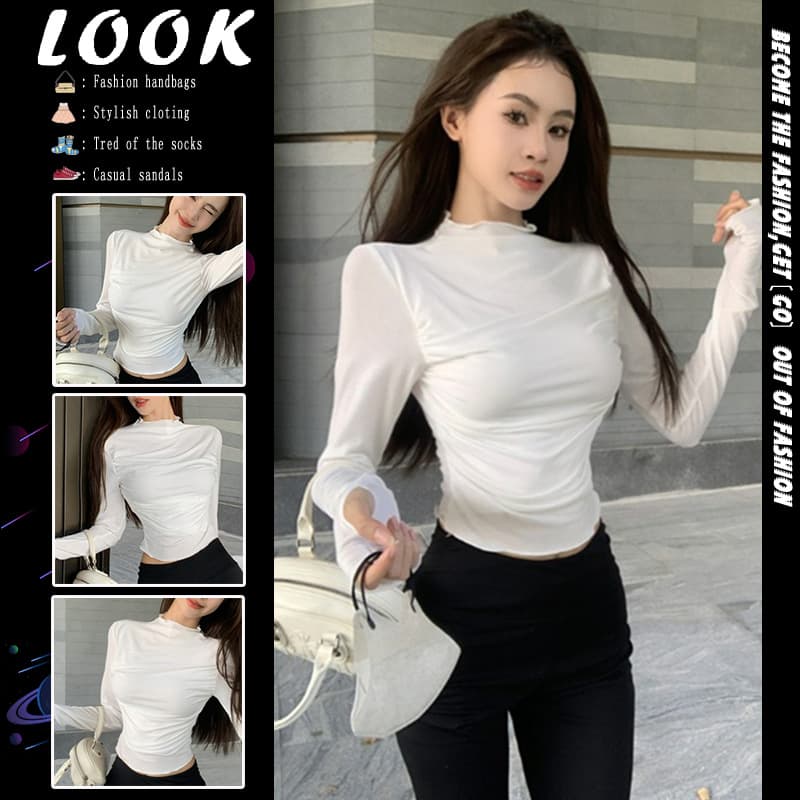 White High-Neck Ruffle Trim Base Layer Top for Women 2024 Fall/Winter New Style Versatile Long-Sleeve Fitted Shirt