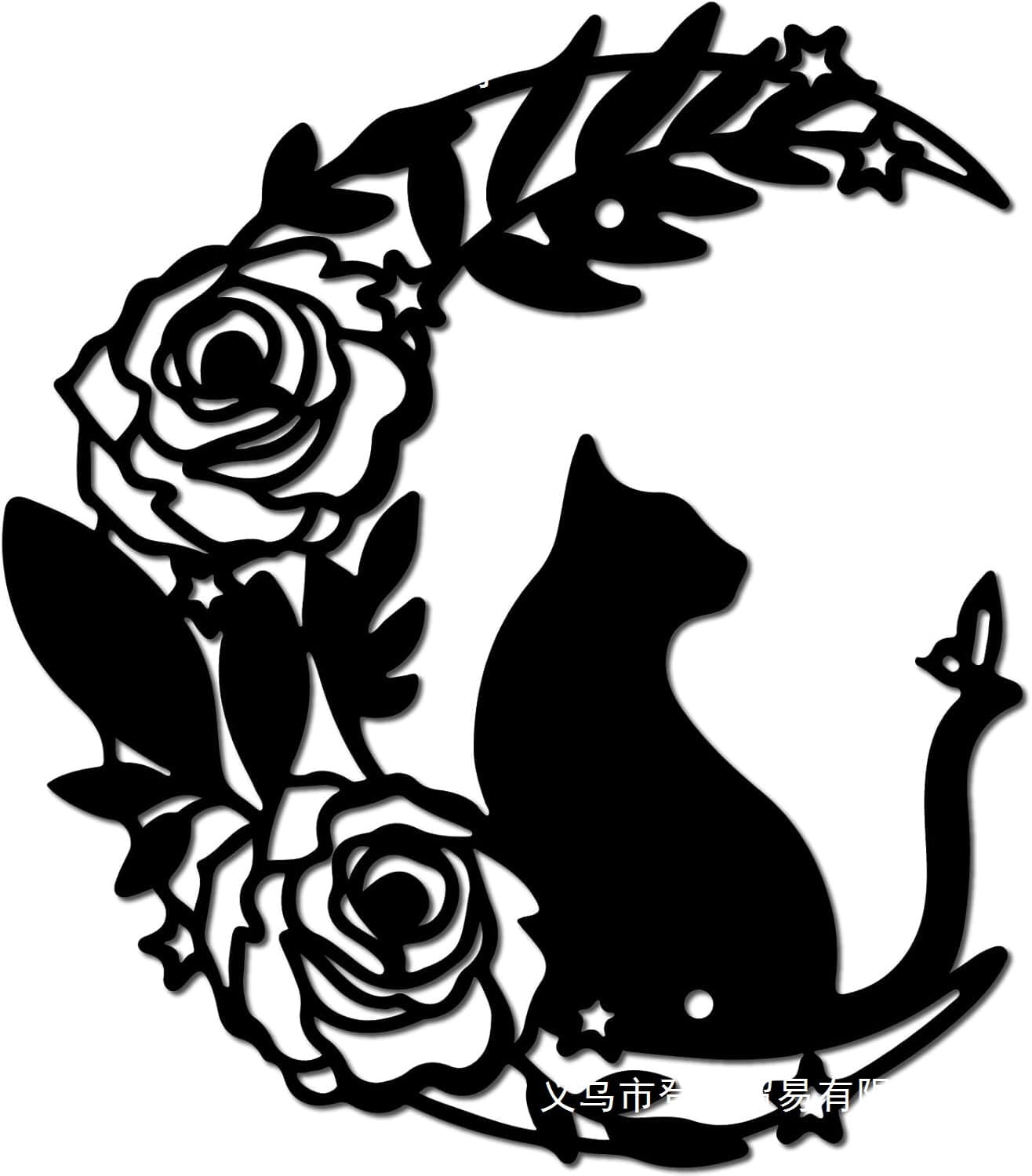 CREATCABIN Cat Metal Wall Art Decor Iron Wall Art Black Moon Hollow Cat Rose Sculpture Hanging Cutout
