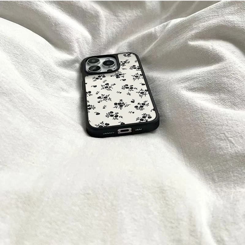 Fresh Black Floral Phone Case for iPhone 16/17 Pro, 14 Frosted PC, 15 Large Cutout, 12 Women's, 14 New Model