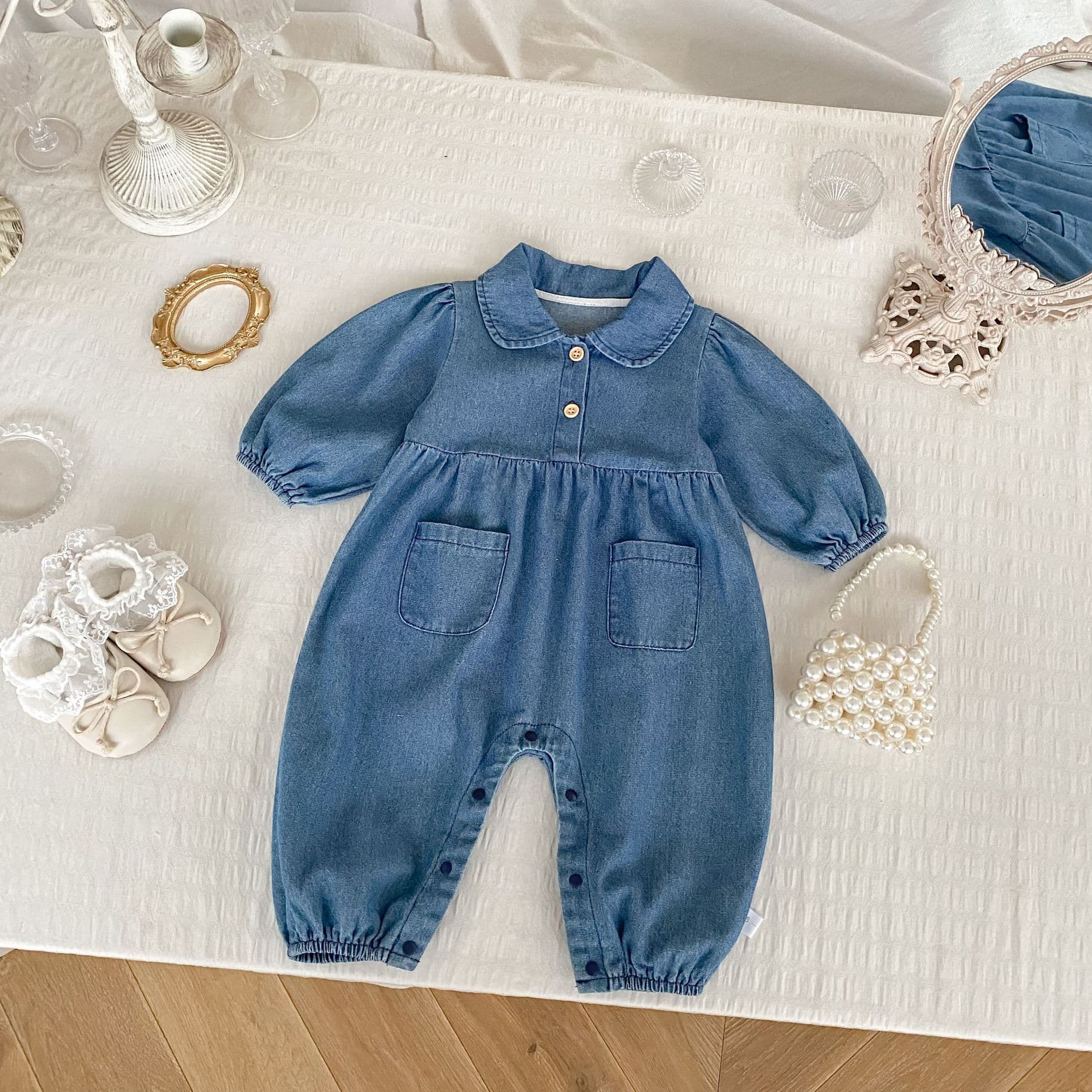 New baby simple denim jumpsuit baby open button stand collar daily casual crawling clothes long crawling clothes