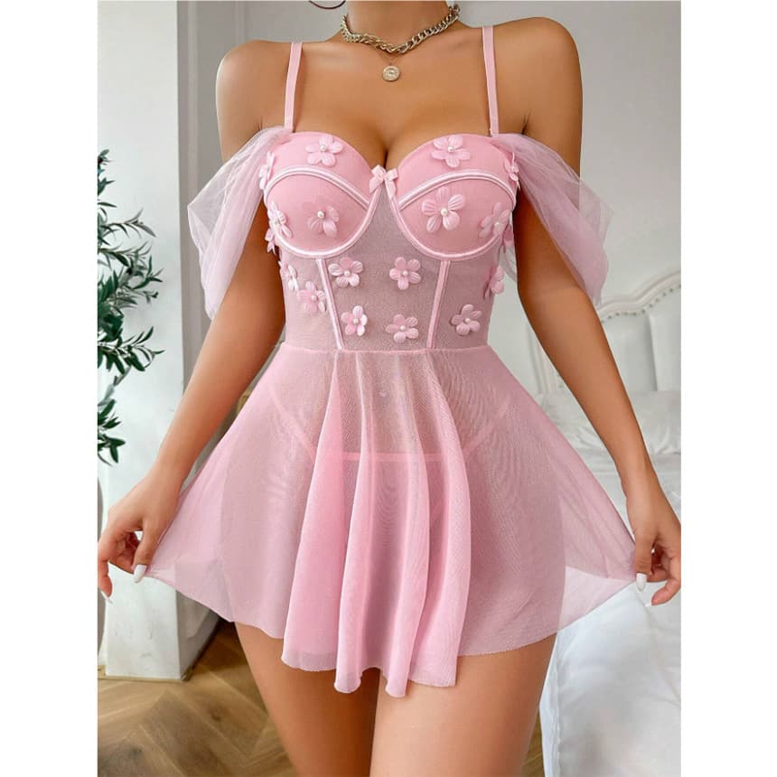 Cross-border Sexy Lingerie for Women, Seductive Mesh Slip Dress with Lace Babydoll, No-Removal Push-Up Sexy Underwear