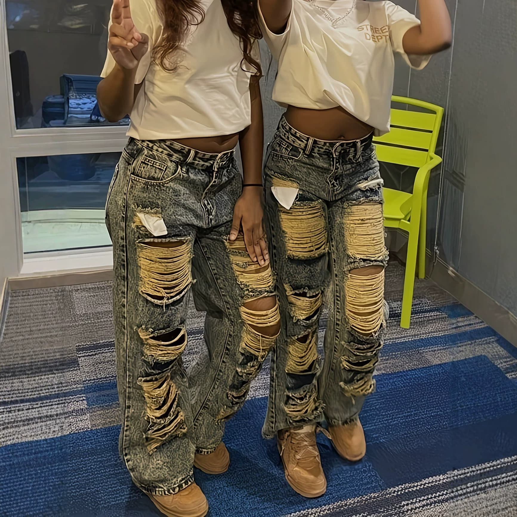 European and American Women's Snow Wash Distressed Wide Leg Jeans, Street Style Ripped Design Slimming Floor-Length Pants
