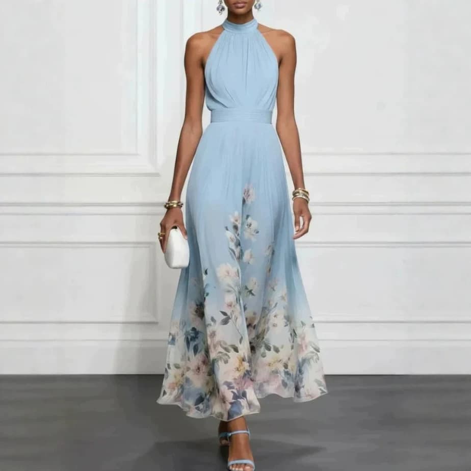 2026 New European and American Amazon Standalone Store Halter Sleeveless Lace-up Printed Elegant Long Dress
