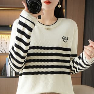 Women's Cotton Round Neck Striped Long Sleeve Knit Sweater, 2026 Autumn Winter New Loose Long Sleeve Knit Top