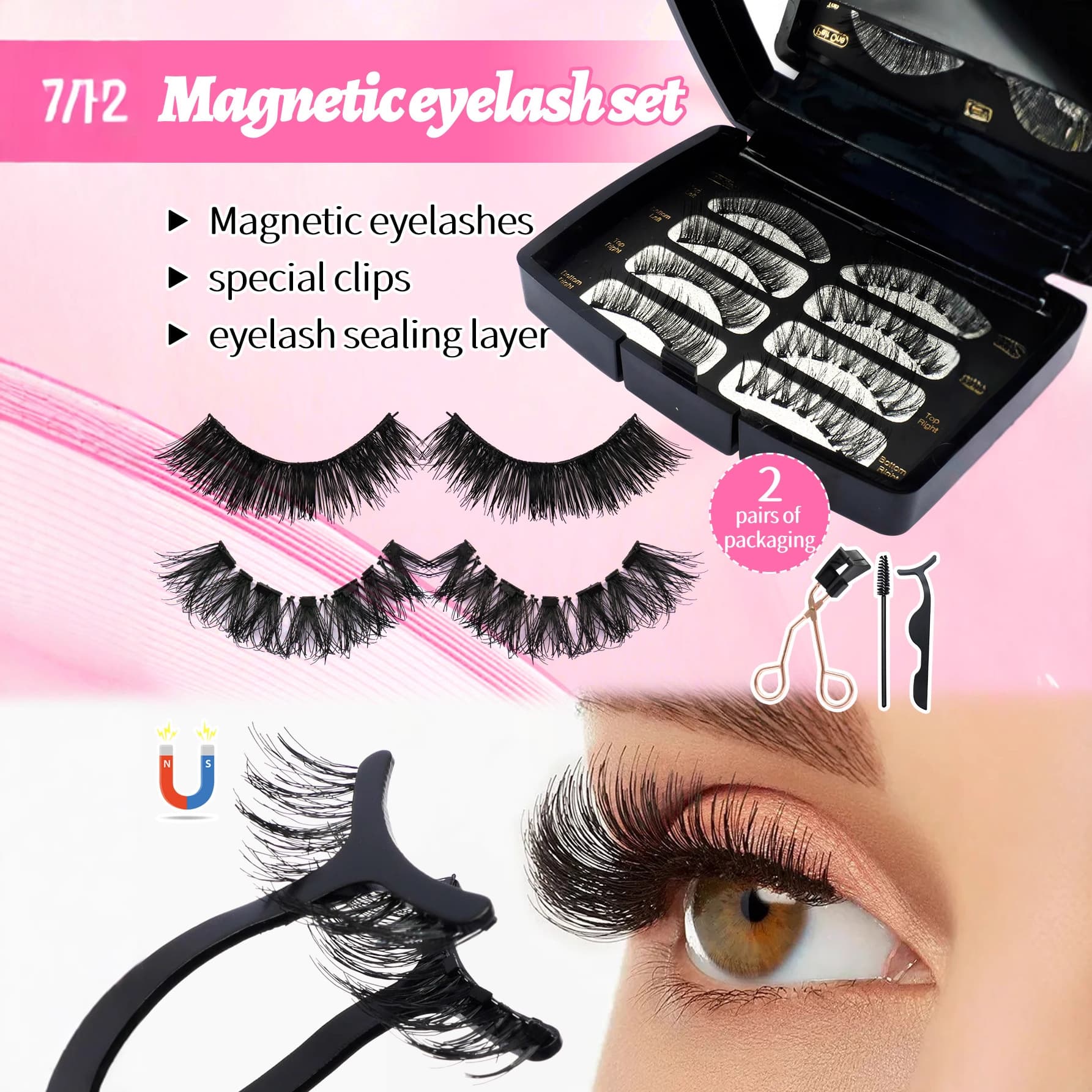 Cross-Best Selling 3 Magnetic Lashes with Mirror, Magnetic False Eyelashes, Glue-Free Natural Look