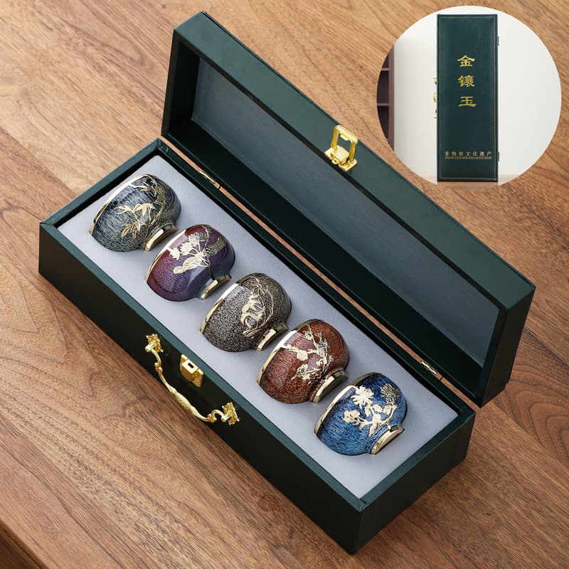 High-End Gold-Inlaid Jade Master Cup Gift Set, Kiln-Transformed Tea Tasting Cup, Portable Kung Fu Tea Set Gift Box, Business Gift