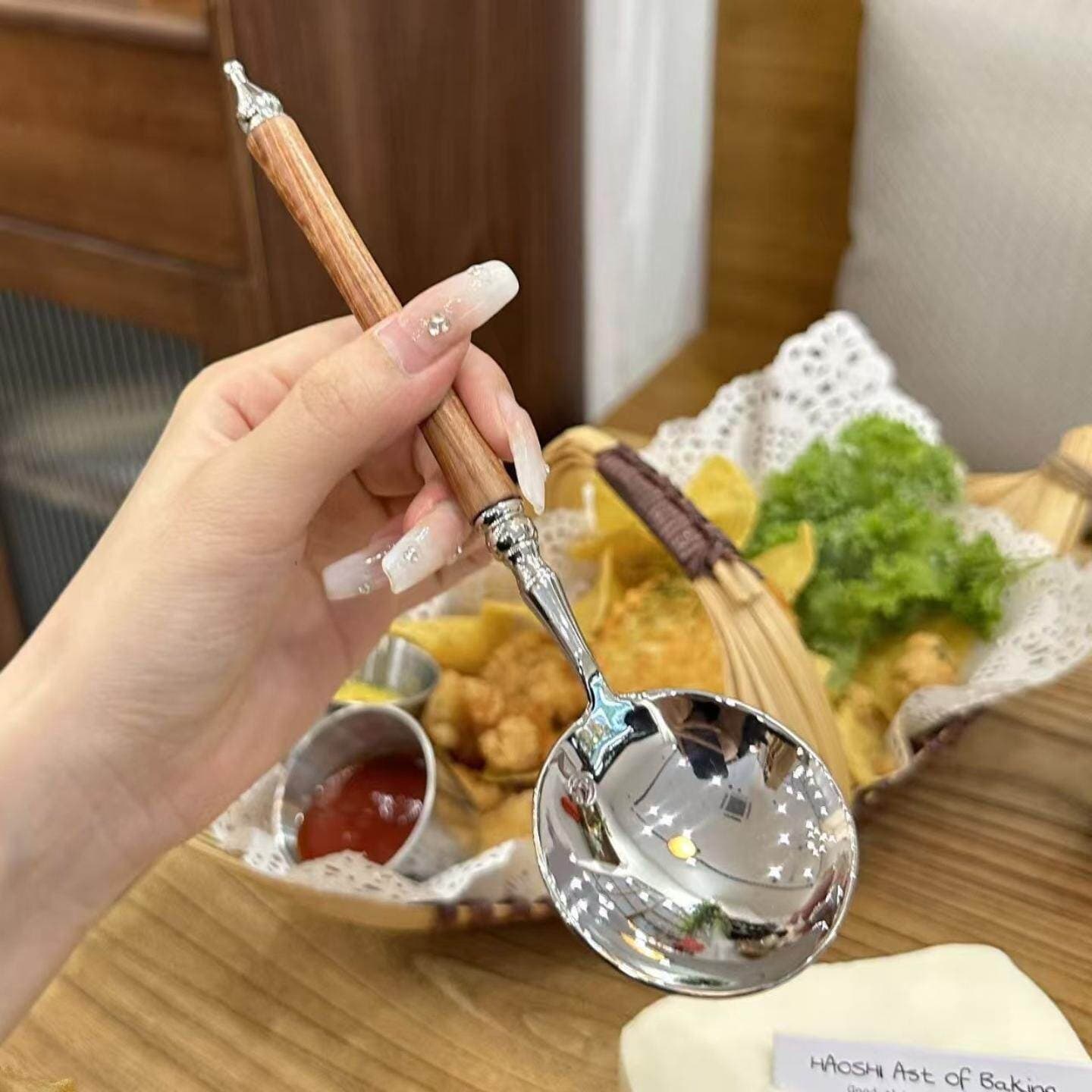 Rosewood-style Round Spoon High-quality Long Handle Round Head Spoon Household Rice Spoon Soup Spoon Dessert Spoon Stainless Steel Spoon