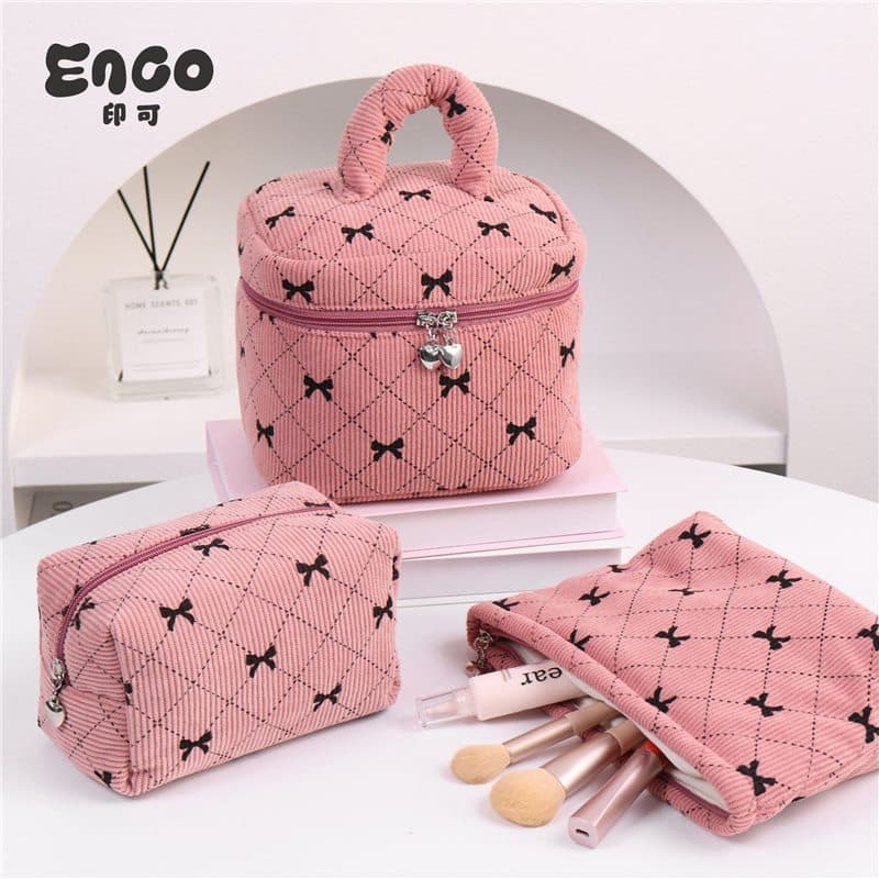 Corduroy cosmetic bag, new bow home storage bag, fashionable portable cosmetic bag, large capacity and high quality