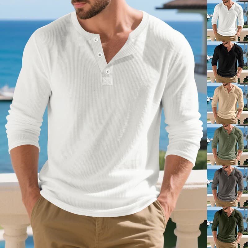Cross-border Amazon Premium Ribbed Men's Base Layer Autumn Winter Long Sleeve Men's T-Shirt Crew Neck Loose Casual Henley Shirt