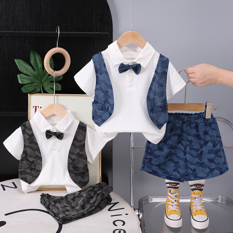 Boys' Summer Clothing Set Lightweight for Ages 1-5, British Style Turn-down Collar Short Sleeve Polo and Shorts 2-Piece