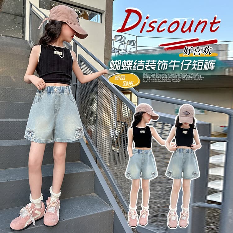 2025 summer girls' denim shorts, medium and large children's summer clothes, new girls' shorts, children's ankle bow shorts