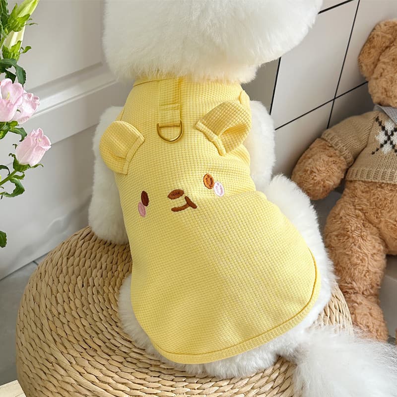 Drop shipping and wholesale pet clothing, spring/summer leashable waffle vests for Teddy, Bichon, dogs, and cats, Instagram style.