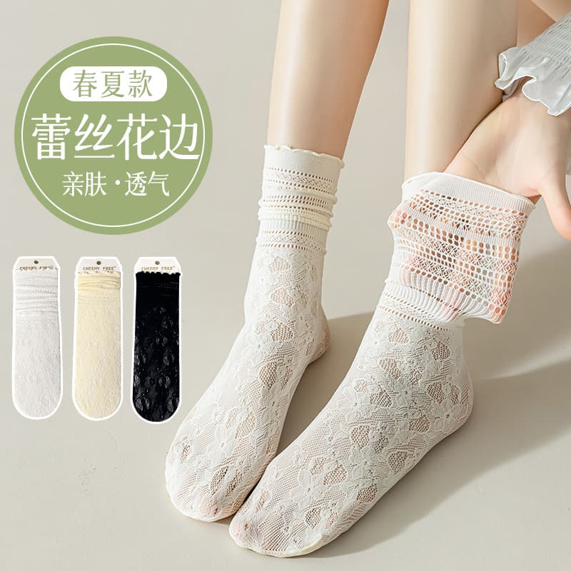 Lace Socks for Women Spring Summer Thin Stacking Socks Sweat-Absorbent Breathable Mesh Ruffle Edge Women's Mid-Calf Socks Hollow Out Cute