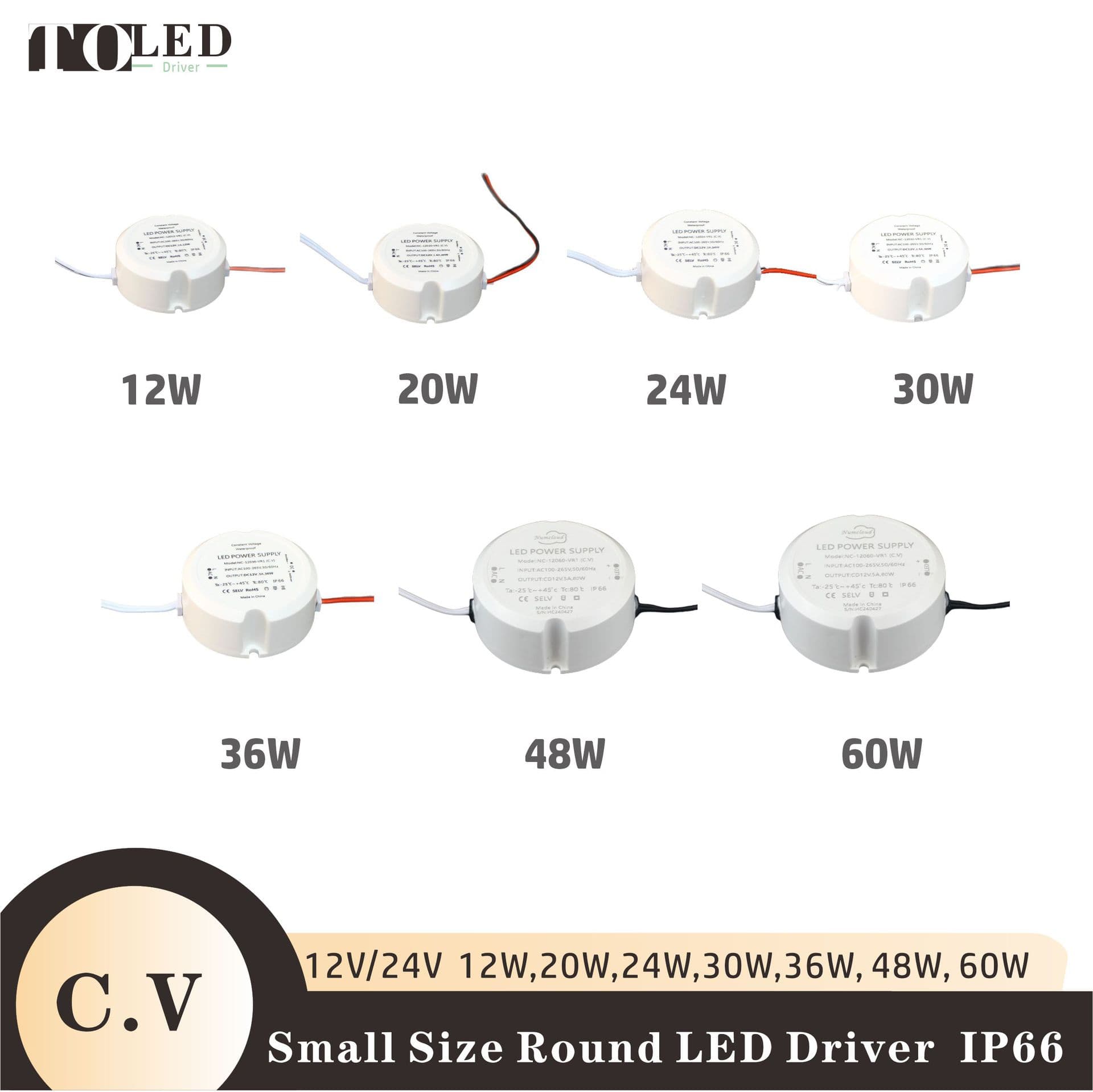 Constant voltage 12V/24V 12W-60W plastic shell round waterproof LED driver switching power supply, compact size with wide voltage input.