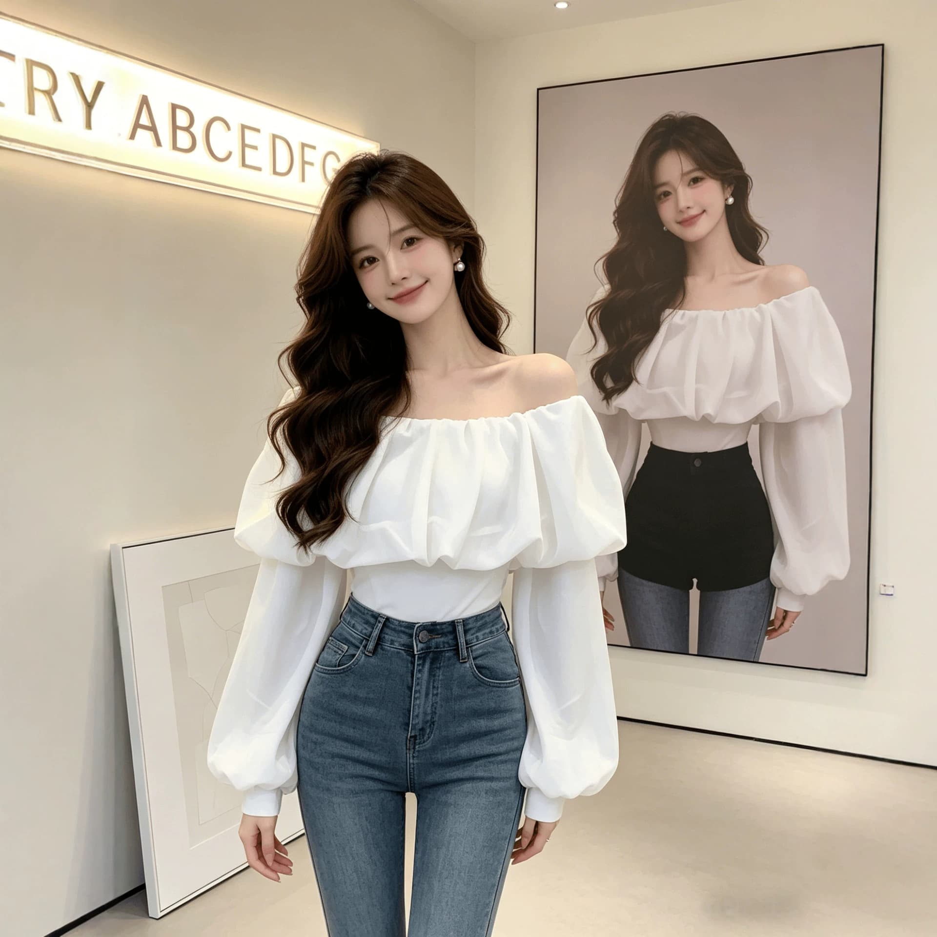 Temperament ruffled one-shoulder white shirt for women autumn new pure lust sweet girl off-shoulder lantern sleeve spring top