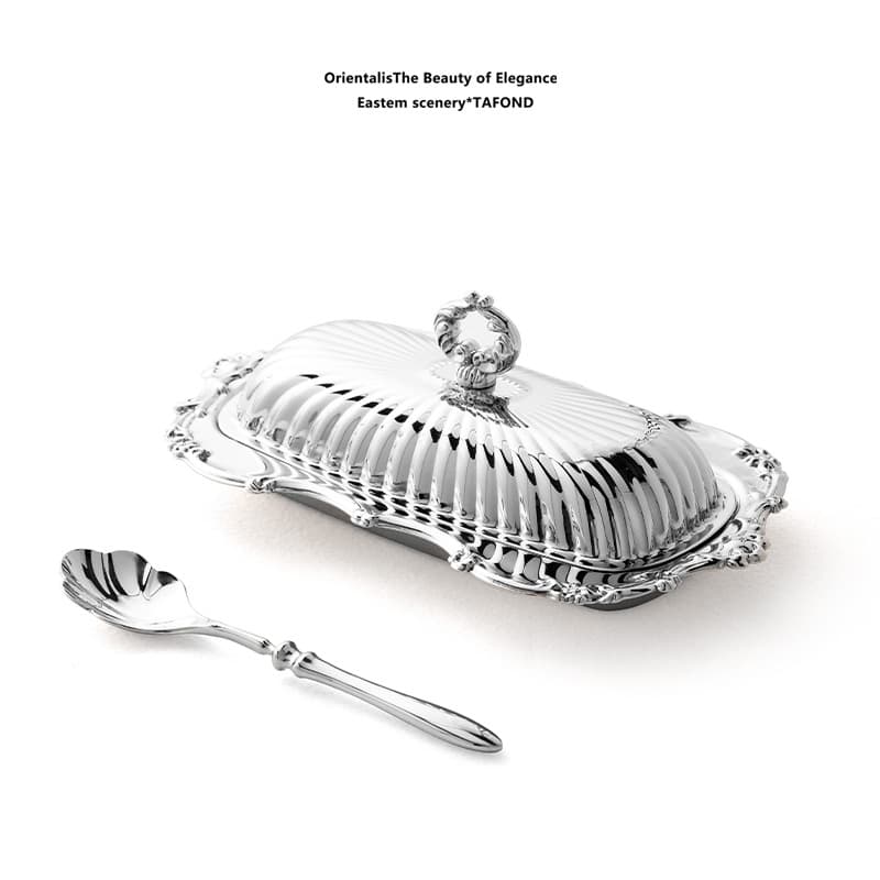 European Style 304 Stainless Steel Vintage Striped Butter Dish with Lid, Palace Style Home Decoration Hotel Tableware