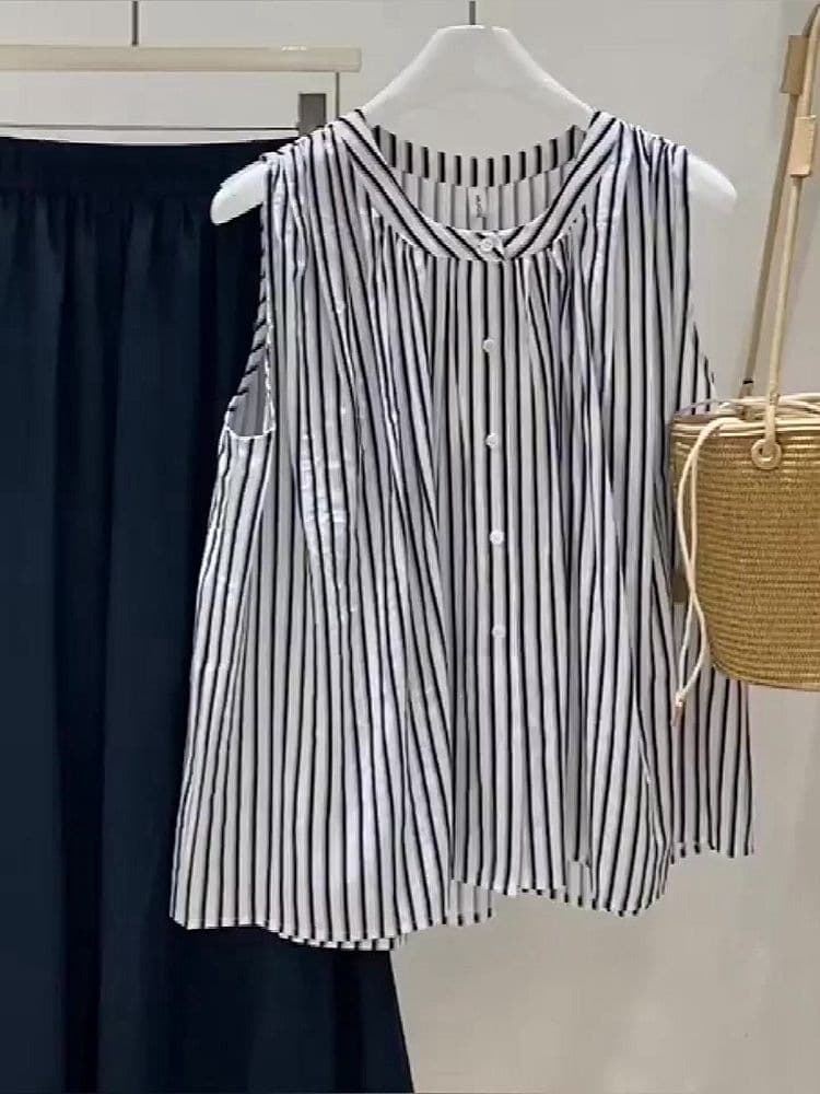 Vintage Artistic Style Black and White Vertical Stripe Sleeveless Chiffon Shirt Vest Women New Summer Blouse Vacation Style Top