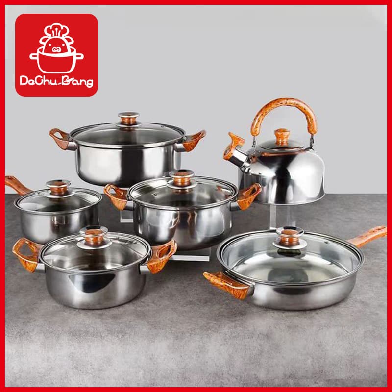 Cross-border Source Stainless Steel 12-Piece Pot Set with Kettle, Wood Grain Handle Saucepan and Frying Pan Set