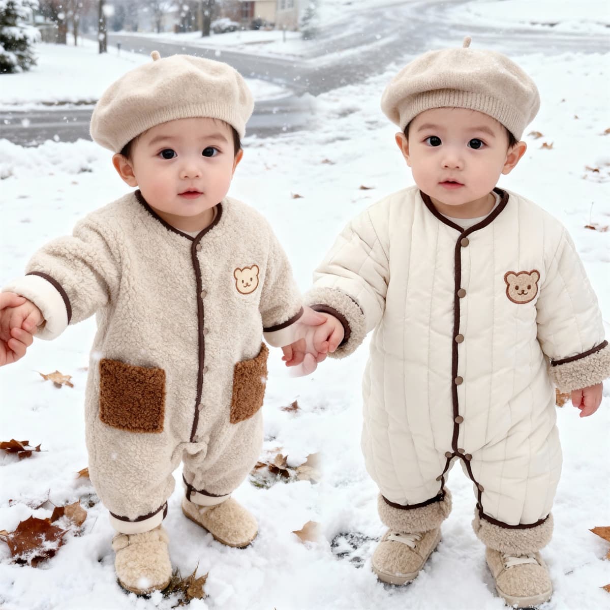 【Reversible】25 Winter Thickened Baby Romper Outwear for Boys and Girls, Bear Onesie Crawling Suit