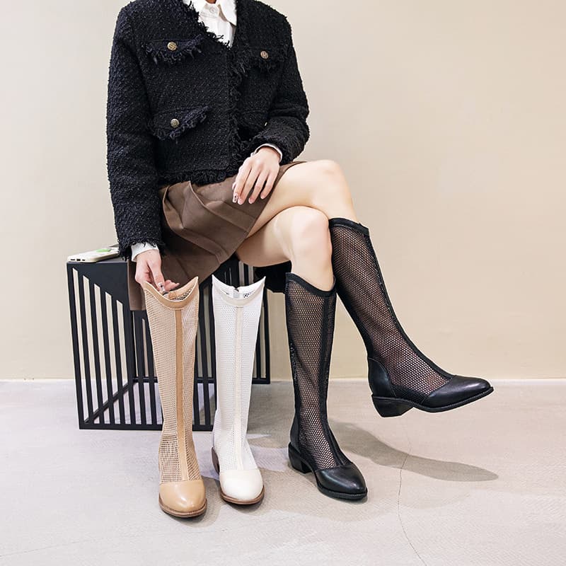 Long Tube Height-Increasing Mesh Boots 2026 New Style Hollow Pointed Toe Fashion Sandals That Make You Look Taller and Slimmer High Tube Boots Summer Boots