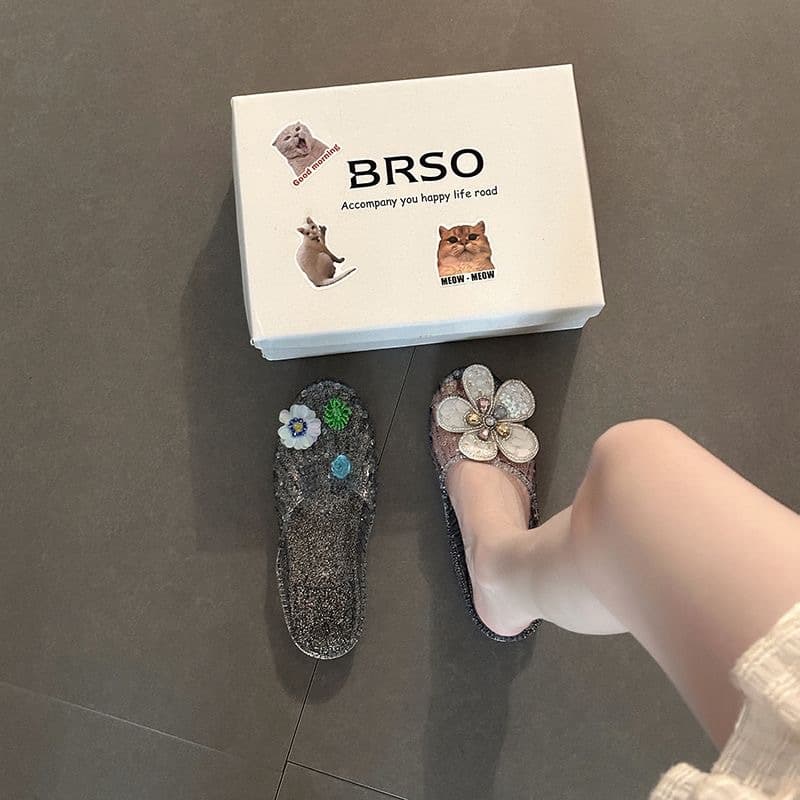 Korean Jelly Shoes for Women with Rhinestone Flowers, Crystal Closed-Toe Slippers, Crystal Shoes, Beach Shoes, Summer Home Shoes, Sandals