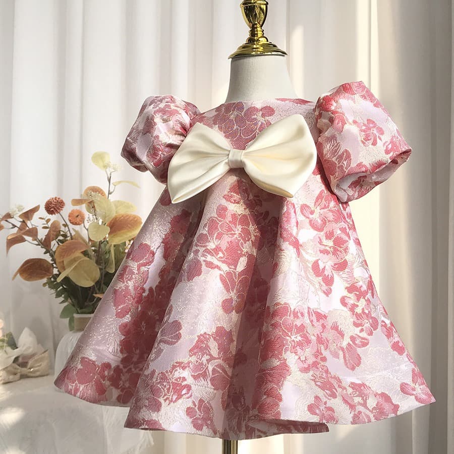 Baby one-year-old dress, girl's birthday dress, photo puff sleeves, stylish printed satin princess dress, tutu skirt