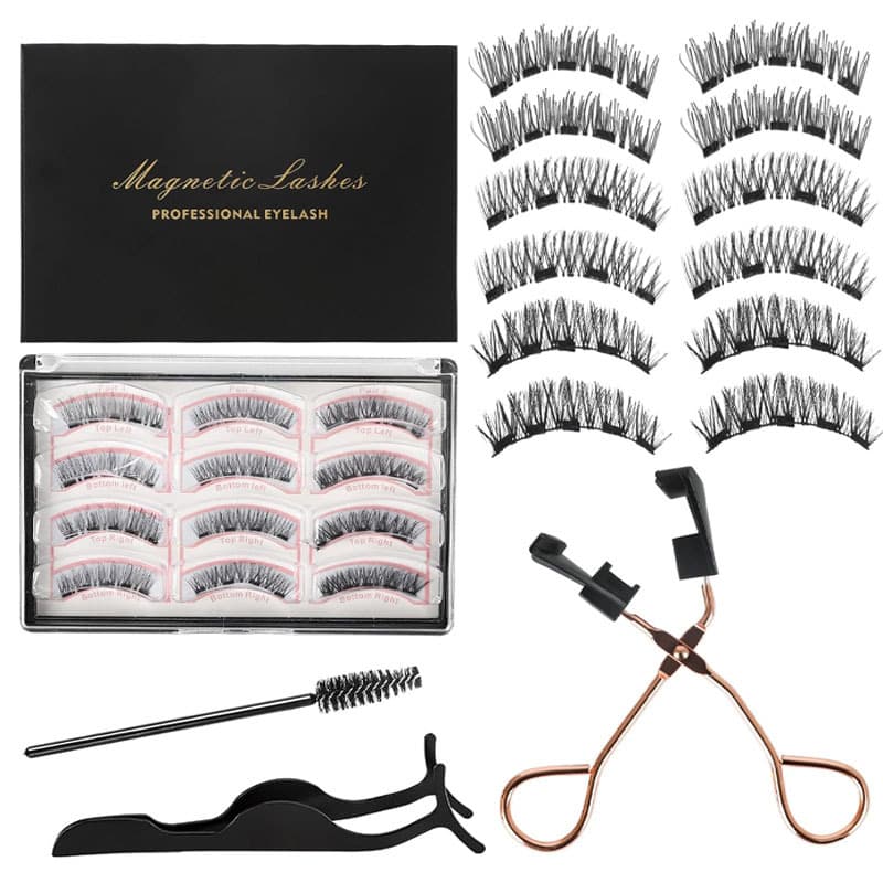 Magnetic False Eyelashes 12-Piece Set with Tweezers and Brush for Beauty Makeup