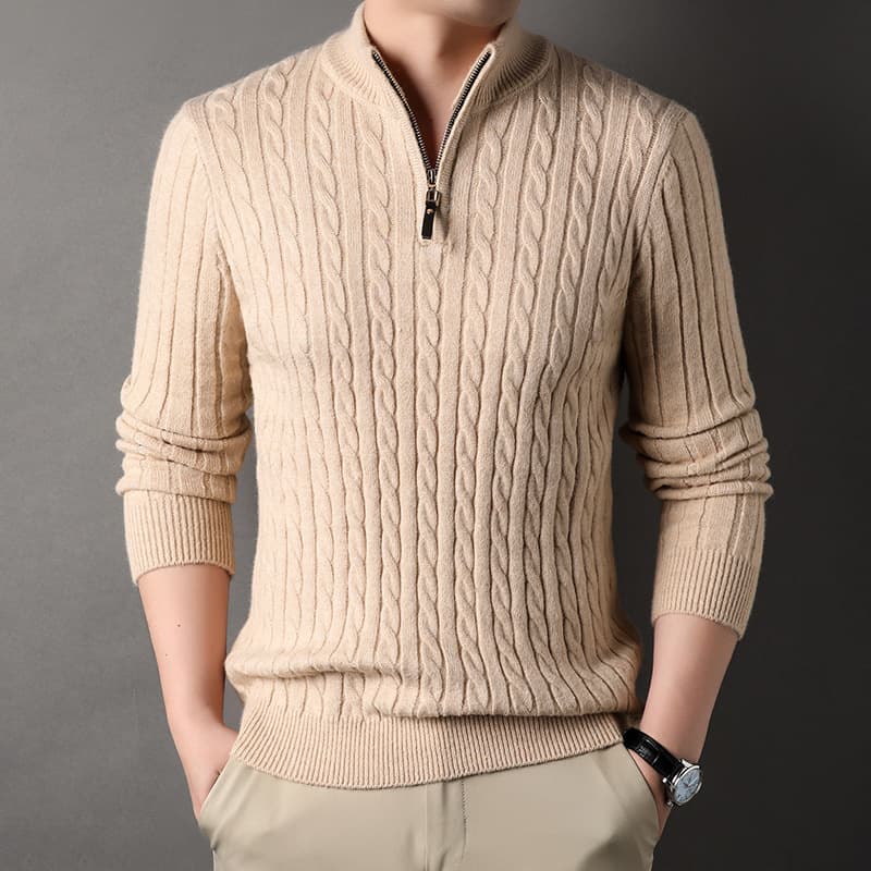 Solid Jacquard Knit Sweater Chunky Knit Warm Pullover 2023 Winter Youth Men's Thick Half-Zip Sweater