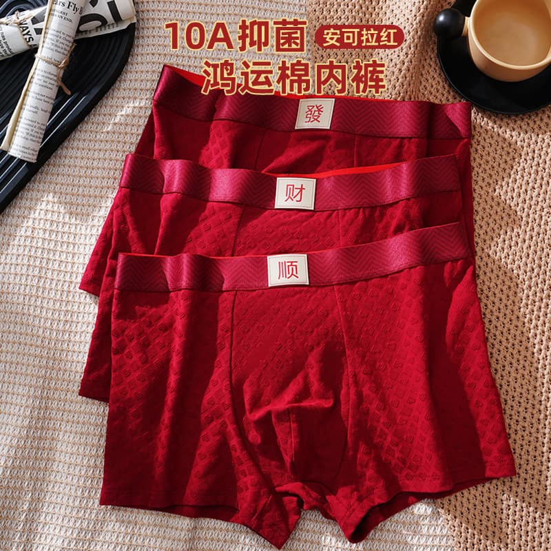 Lucky Year Men's Boxer Briefs Red Cotton Breathable Comfortable Jacquard Flat Angle Pants Festive Gift