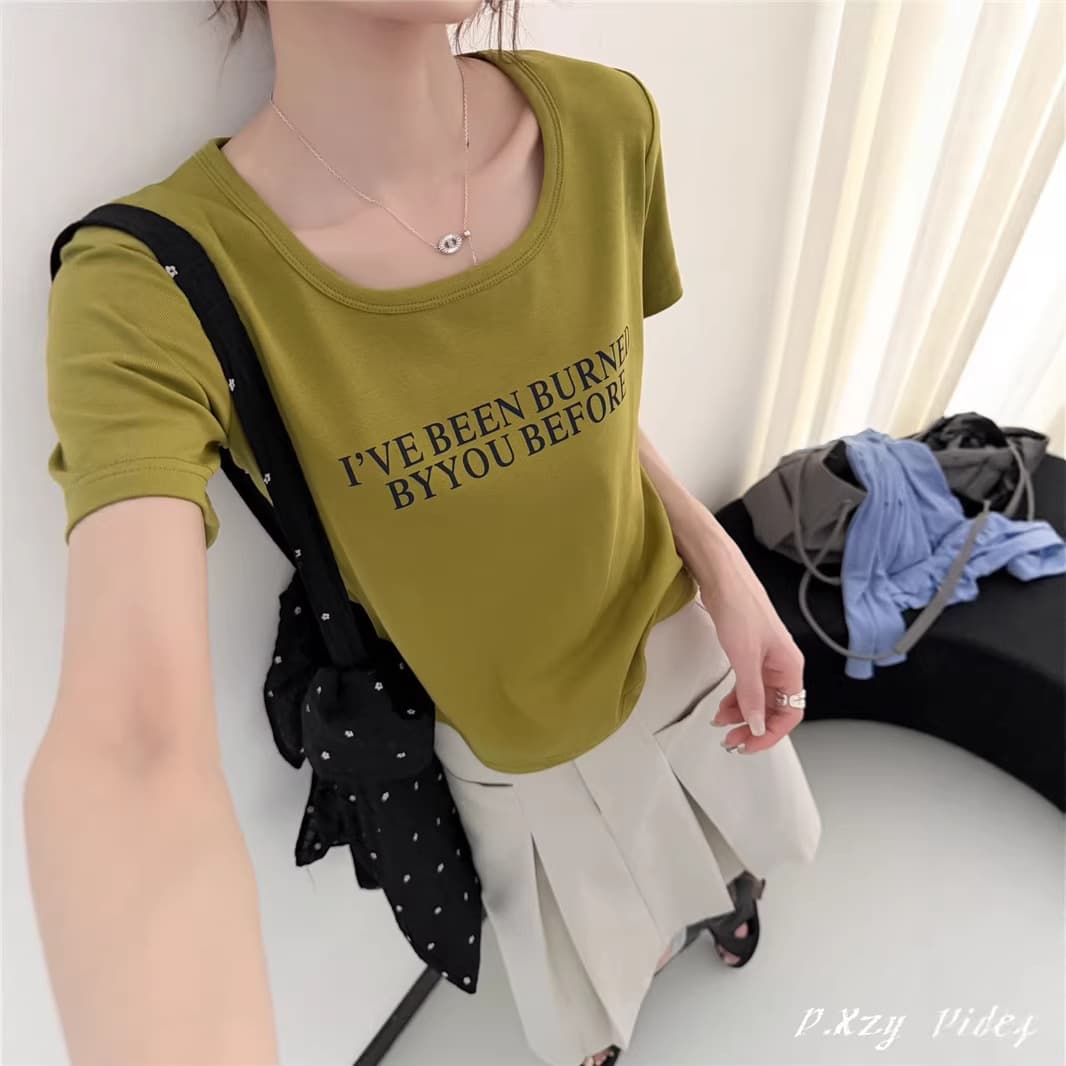 New Summer Korean Style Casual Square Neck Women's Thin Cotton T-Shirt Versatile Letter Print Top Women's T-Shirt Trend 016