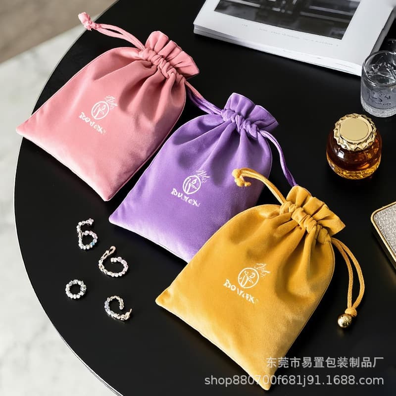 Custom Velvet Drawstring Pouch, Flannel Drawstring Bag for Jewelry Packaging, Premium Thickened Flocked Bag