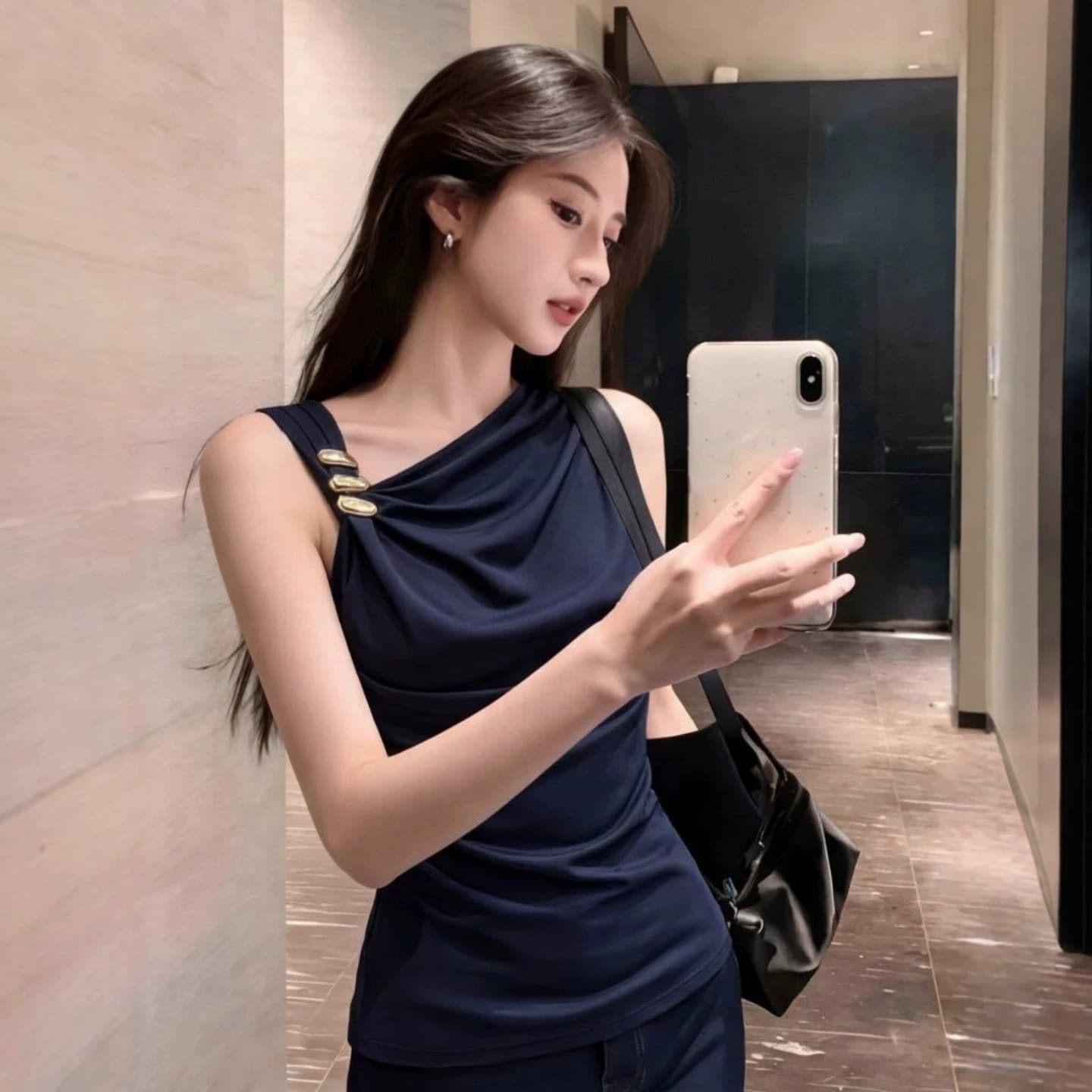 Navy asymmetrical sloped collar sleeveless vest for women summer new niche design temperament slim slimming top