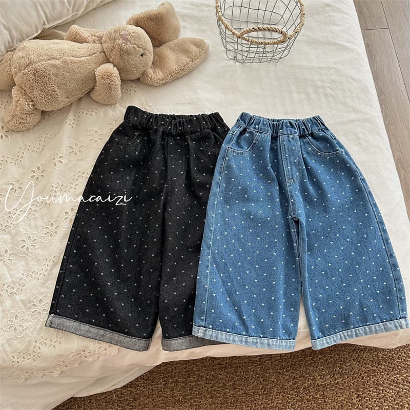 Xifan 25 Summer New Children's Small Heart Rolled Hem Straight Jeans for Girls Baby Elastic Waist Korean Style Long Pants