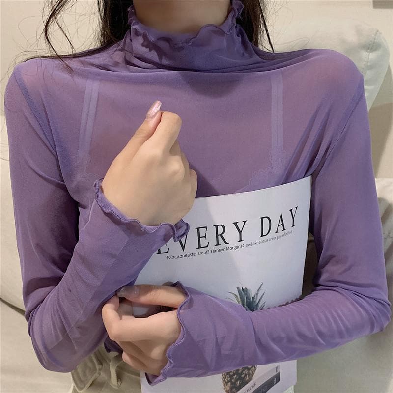 Mesh Lace Layering Top for Women, Spring/Autumn, Thin Long Sleeve, High Neck, Sun Protection, Solid Color, Stylish Blouse