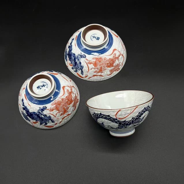 Japanese Import Mino Ware Dragon Phoenix Lion Japanese Rice Bowl, Underglaze Home Commercial Soup Noodle Bowl, Pair Bowl Tableware