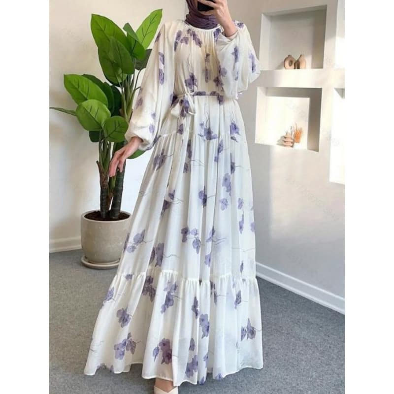 White Long Sleeve Floral Long Dress with Waist Multi-Layer Design French Forest Vintage Dress