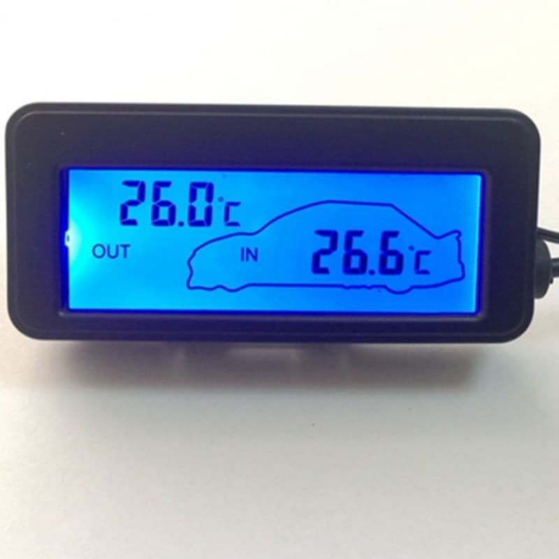 Mini LCD car interior and exterior dual thermometer blue light green light orange light optional small and simple 12V digital thermometer