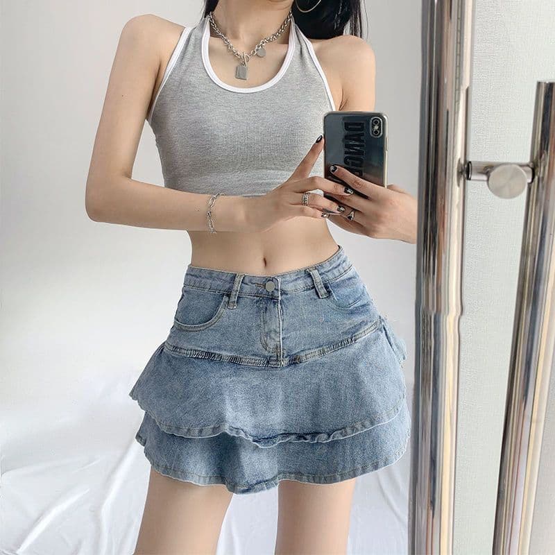 American Hot Girl Denim Skirt Women's Summer Small New Style High-waisted A-Line Skirt Ruffled Hip-covering Skirt