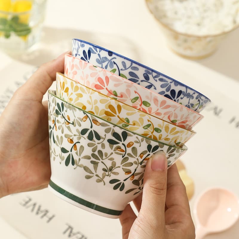 Dropshipping Creative High-Appearance Four Seasons Floral 5-Inch Conical Bowl Underglaze Color Ceramic Bowl Household with Spoon Rice Bowl
