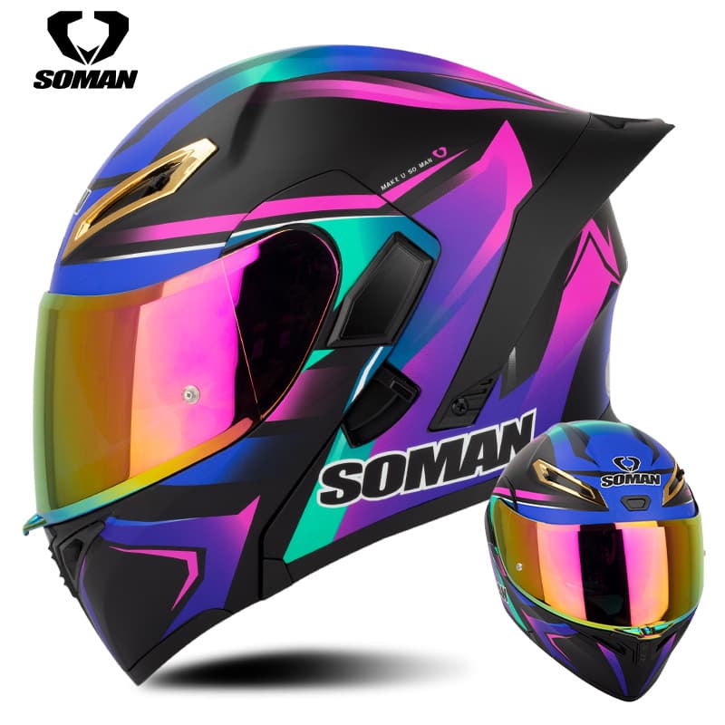 Newly upgraded SOMAN dual-lens flip-up helmet, all-season cycling warm and safe helmet SM955-S with colored visors.