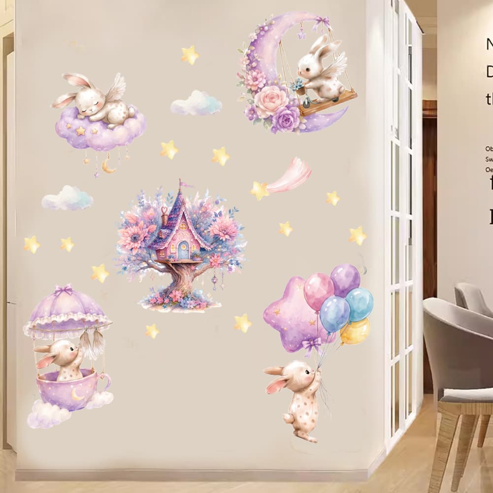 Cartoon children's room decoration pink rabbit balloon wall sticker girl's room creative rabbit wall sticker painting