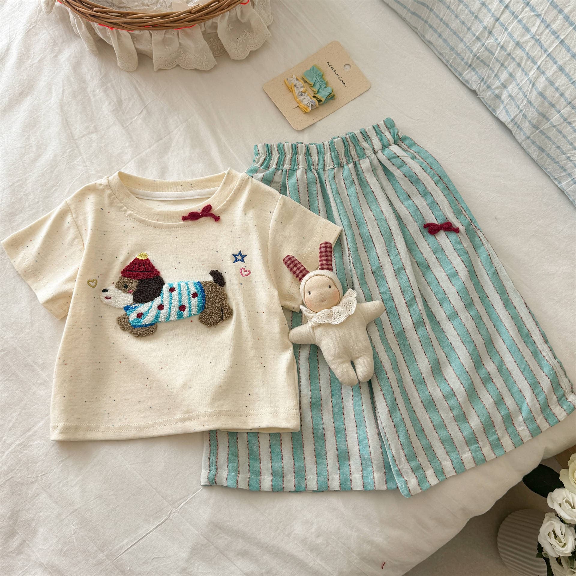 Girls Summer Suit 2025 New T-shirt Cartoon Dachshund Children's Striped Wide Leg Pants Girl's Skirt Suit