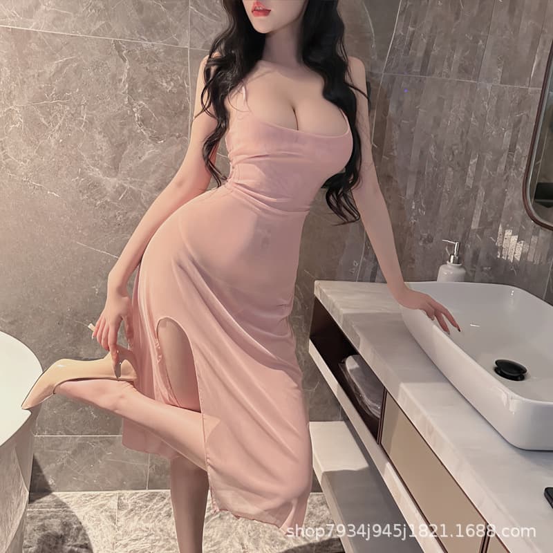 Sheer Mesh Slit Camisole Dress Sexy Lingerie Nightgown for Women Pure Desire See-Through Bodycon Long Dress