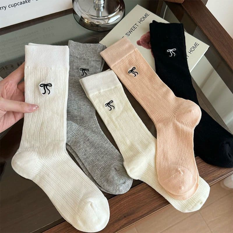 White Ballet Socks for Women Summer Thin Mid-Calf Socks with Bowknot Long Socks Breathable Mesh Ruffle Socks