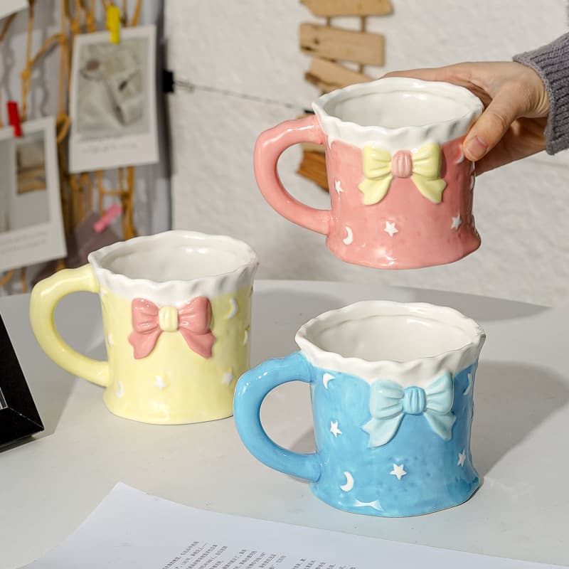 Embossed Ceramic Cup Cute Mug Bow Water Cup Large Capacity High Aesthetic Design Girly Heart Cup