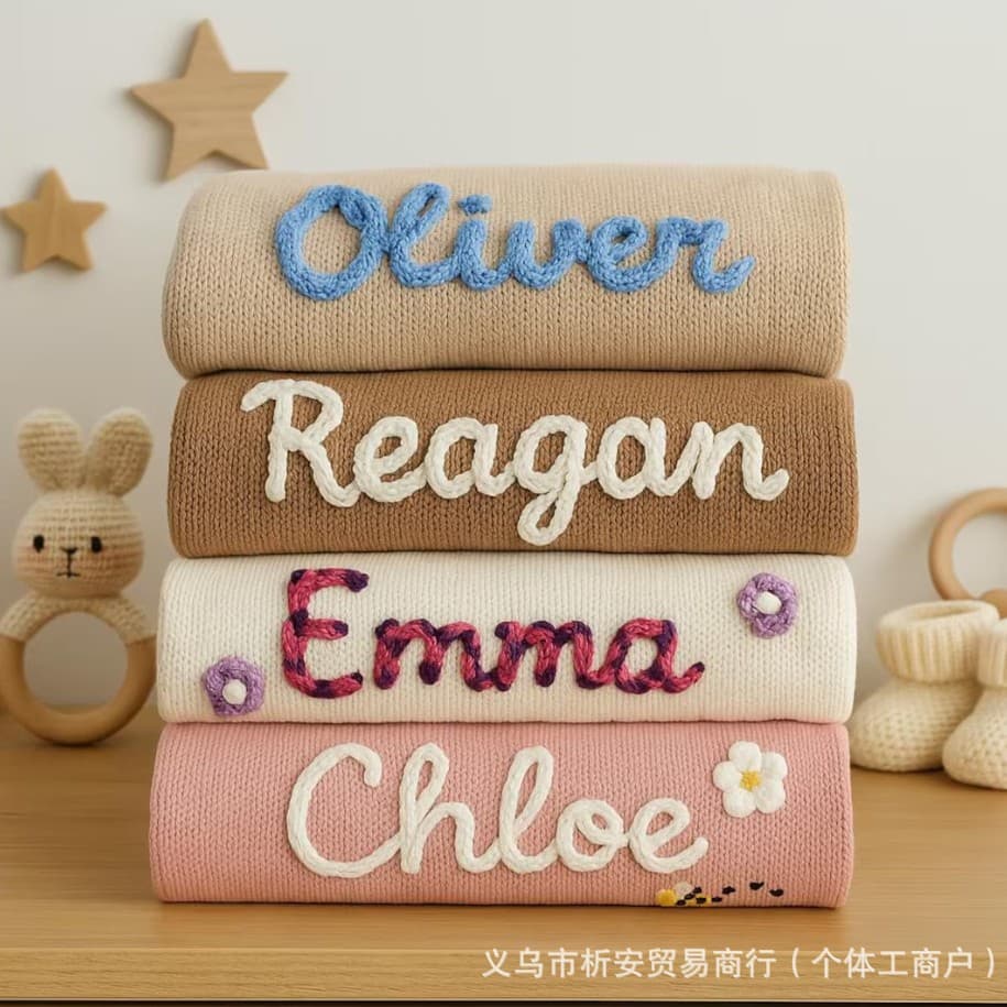 Hand-embroidered personalized name custom 100% cotton knitted blanket for newborns, baby nap blanket