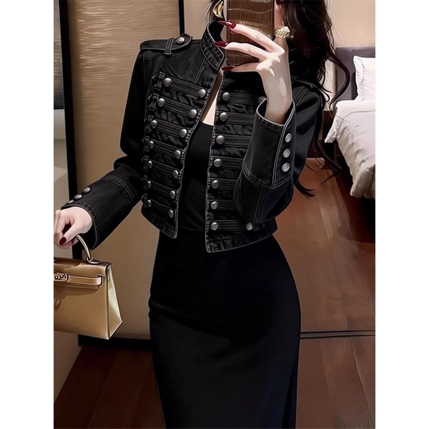 European retro palace style buttoned decorative long-sleeved top 2025 spring and autumn fashionable stand-up collar denim short jacket for women