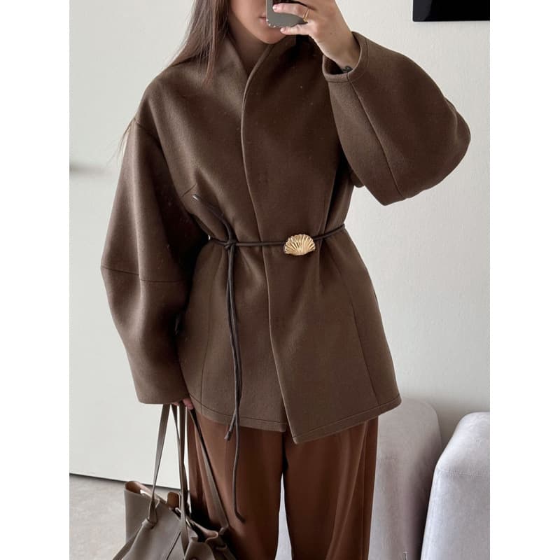 2025 New Cross-border Amazon Shein Autumn/Winter Premium Brown Waist-Cinching Wool Coat for Women, Designer Style with Elegant Appeal