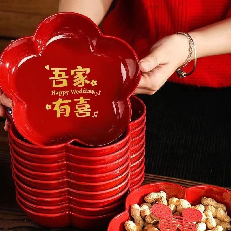 Happy Candy Tray, Red Dried Fruit Plate for Living Room, Engagement Decoration, Wedding Double Happiness Character Fruit Plate, Wedding Decorative Arrangement Tray